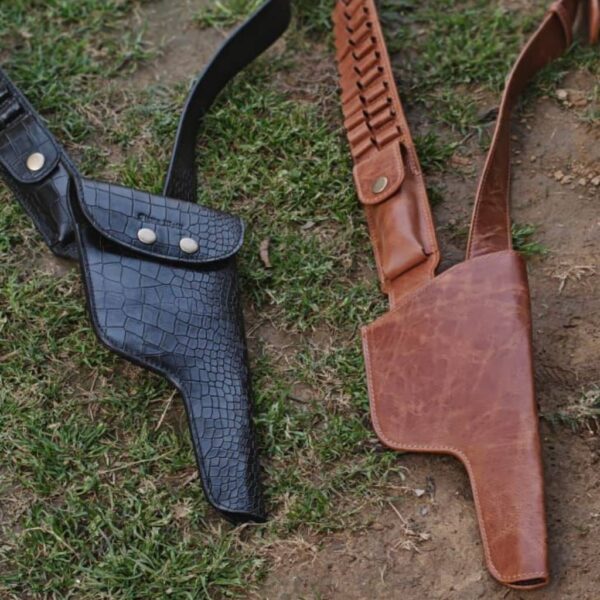 C96 German Mauser Cross Body Holsters in Crocodile Print Leather and Tan Distressed Leather